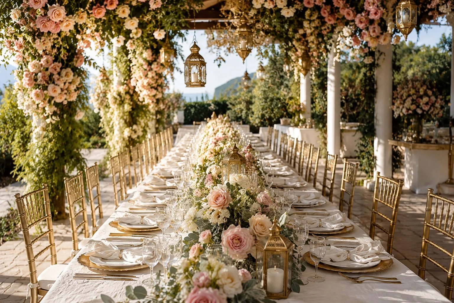 Longue table de réception fleurie sous une pergola en plein jour
